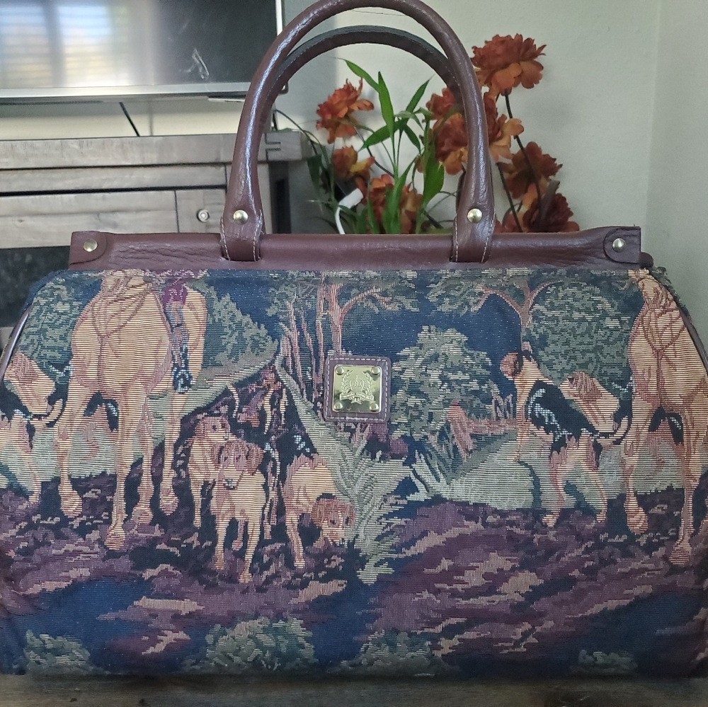Vintage Capezio collection fox hunt brown leather Tapestry Travel Luggage